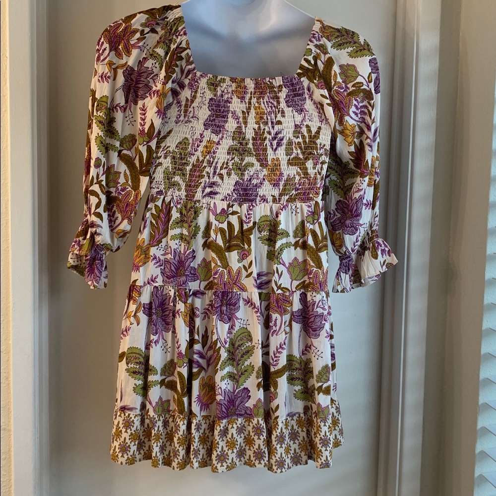 Angie Women's Boho Floral Smocked Square Neckline Longsleeve Dress Size M - Picture 6 of 10